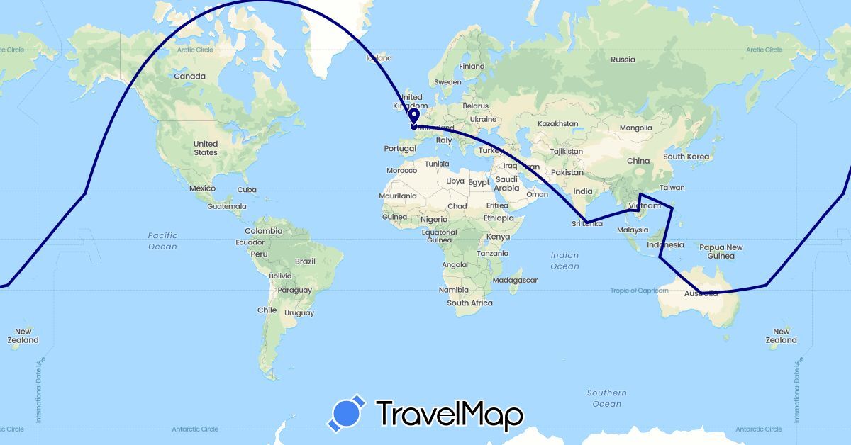 TravelMap itinerary: driving in Australia, France, Indonesia, Cambodia, Sri Lanka, Philippines, Thailand, United States, Vietnam (Asia, Europe, North America, Oceania)